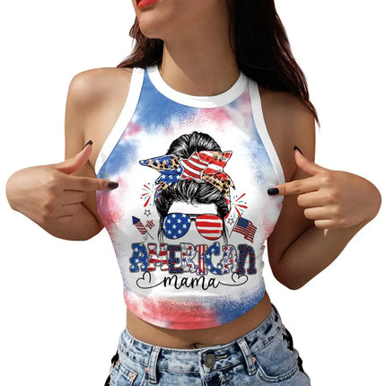 Nadanbao Women's Vest Summer Casual American Flag Tie Dyeing Cropped Tight Sleeveless T-Shirt Streetwear Crop Tops Y2K Tees