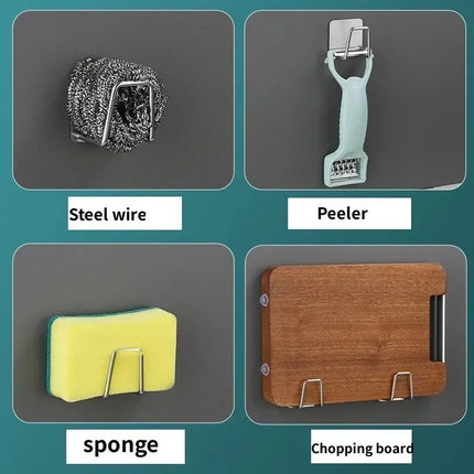 Multifunctional Kitchen Stainless Steel Sink Sponges Holder Self Adhesive Drain Drying Rack Kitchen Wall Hooks Accessories