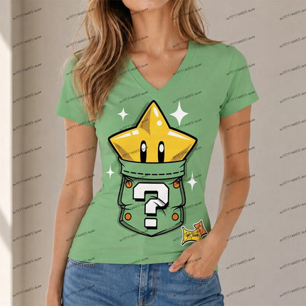 Anime Super Mario Women T-shirt Cuteore V Neck Short Sleeve New Women's XS-5XL Party Summer Fashion Female Clothing Hot Sale