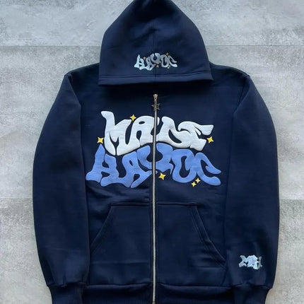 Zipper hooded sweatshirt with retro American letters suitable for men and women wearing Y2K jacket autumn/winter cardigan