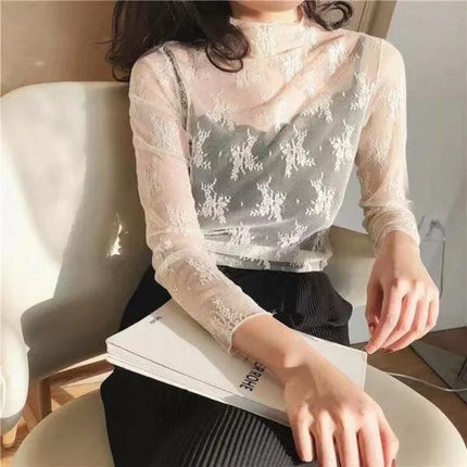 Women's Half High Collar Lace Blouse Spring And Autumn Hollow Mesh Top Sexy Western-style Long Sleeve T-shirt Crop Top