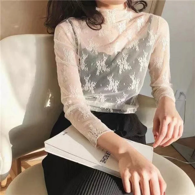 Women Half High Collar Lace Bottomed Blouse Spring And Autumn  Hollow Mesh Top Sexy Western-style Long Sleeve T-shirt Crop Top