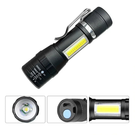 2Pack Mini LED Flashlight COB+XPE Portable Torch USB Charging Camping Lantern Zoomable Light Keychain Flashlight with Pen Clip