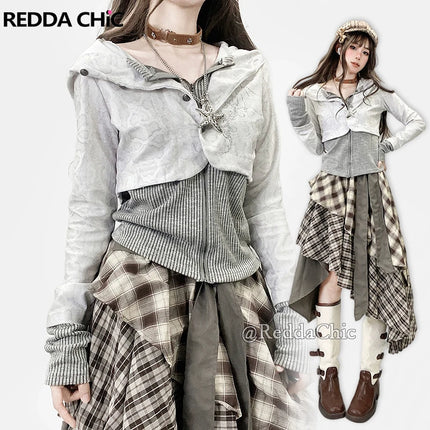 REDDACHiC Stitch Knit Lepard Hoodies Jacket Y2k Aesthetic Rhinestone Long Sleeve Top Zip Up Hooded Cardigan Vintage Fall Clothes