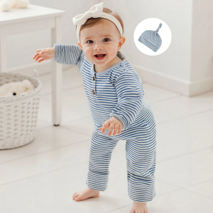 Infant Baby Fall Clothes Romper Stripe Print Long Sleeve Round Neck Full Length Jumpsuit with Hat 2 Pcs Set 0-9m