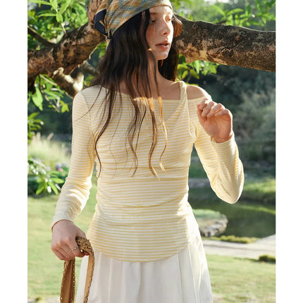 OLrain Women's Striped Tops 2026 Spring French Style Hollow Out Ladies T-shirts Casual Slim Fit Folds Female Tees O58CT003055