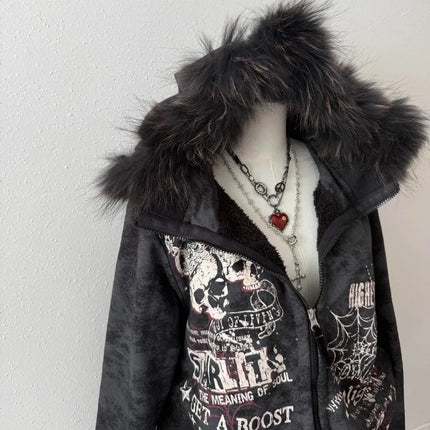 American Fashion New Skull Print Hoodie Women Y2K Vintage Rock Hip Hop Gothic Popular Casual Joker Plus Velvet Padded Sweater