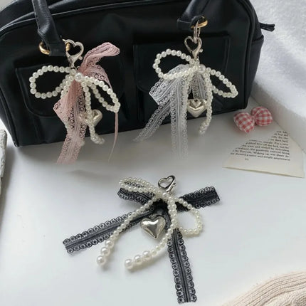 Imitation Pearls Lace Bowknot Keychain Sweet Beaded Pendant Keyring for Women Handbag and Backpack Key Chain Exquisite Ornament