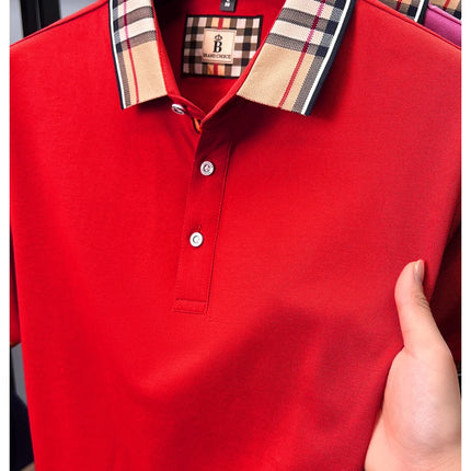 Men's high-end silky cotton breathable short-sleeved polo shirt, new summer trend, plaid lapel, designer brand, casual golf T-shirt