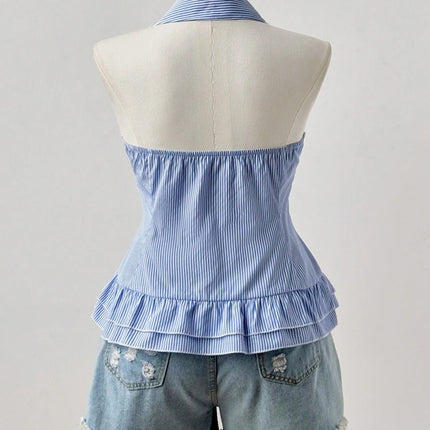 Oversized Women's Sleeveless Pleated Hem Casual Shirt Blue Striped Shirt V-Neck Beach Resort Backless