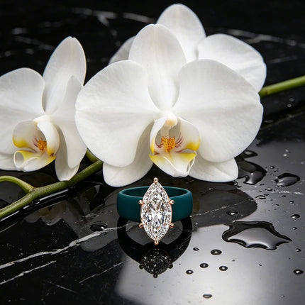 Minimalist Teal Silicone Band Ring, Marquise Cut Diamond Simulant Solitaire Ring, Versatile Everyday Wear Jewelry for Her