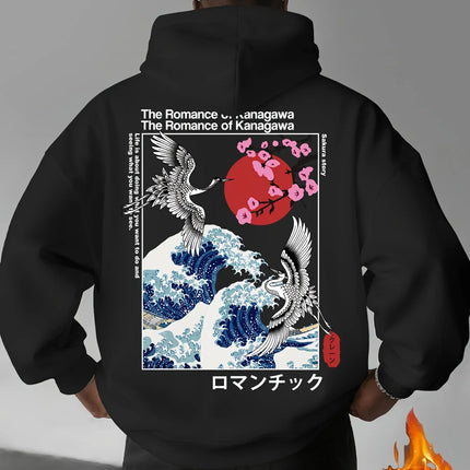 Japan Ukiyoe Sakura&Big Wave Kanagawa Print Men Women Hooded Sweatshirt Autumn Winter Daily Fitness Casual Loose Warm Sportswear