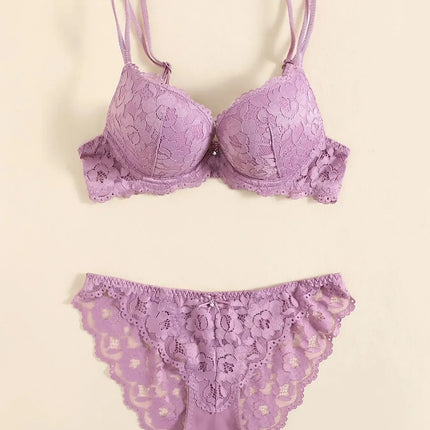 1 Set Elegant Lace Embroidery & Breathable Fabric Lingerie Set: Push-Up Bra, Drop Waist Sheer Panty - Ultimate Valentine's Day