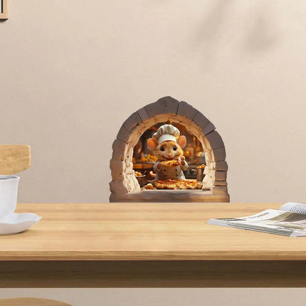 Chef Mouse Wall Decal - Adorable Mouse Hole Sticker with Cute Chef Mouse Making Pizza in Kitchen-Quirky Kitchen Decor M1082