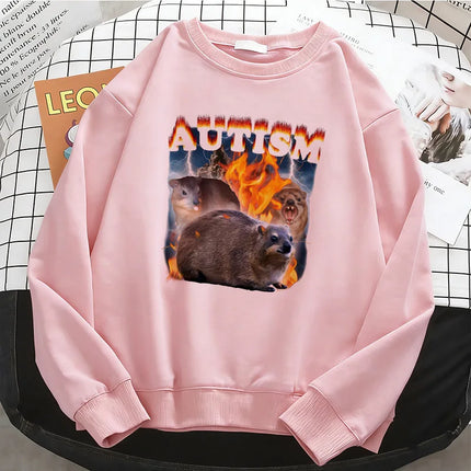Y2k Vintage Autism Animals Hoodies Basic Warm Fleece Sweatshirt Soft Breathable O-Neck Pullover Casual Female Clothes