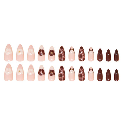 Dark Brown Flowers 24 Pcs Press-on Nails Pink Nail Polish Glossy Artificial Finger Manicure Reusable False Nails