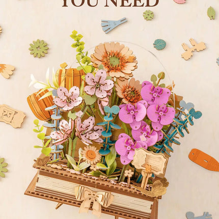 Rolife 3D Puzzle Wooden Blooming Book DIY Artificial Flower Bouquet Model Building Kit for Home Decor Wedding Mother's Day Valentine's Day Gift for Women Adults