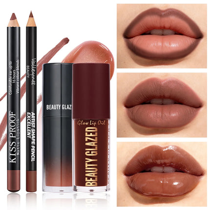 4Pcs/Set Velvet Lip Combo Set Matte Lip Liner Lipstick Lip Oil Nude Lip Gloss Long-lasting Waterproof Lip Look Lip Makeup