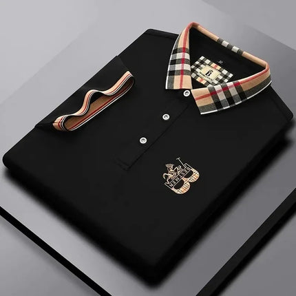 Luxury brand men's short-sleeved polo shirt, summer high-end fashion, plaid embroidery, lapel, casual T-shirt, breathable cotton top