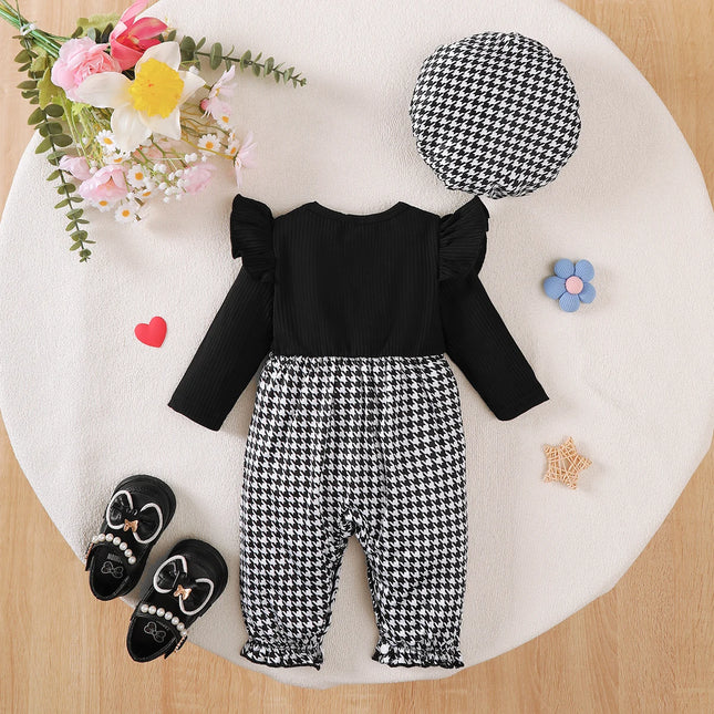 0-18 Months Baby Girl Thousand Bird Grid Love Fashion Long Sleeve Bodysuit+Hat Two Piece Set Newborn Baby Girl Crawler Bodysuit
