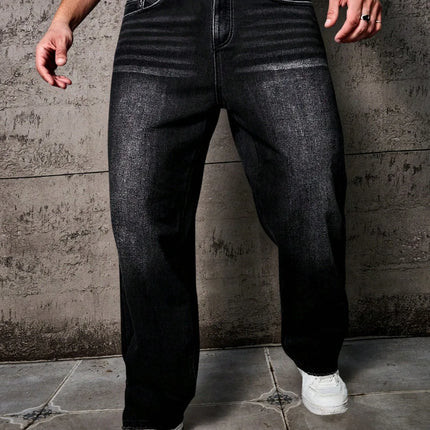 1pc Vintage Style Men's Black Washed Distressed Loose Wide Leg Relaxed Straight Jeans, Perfect Gift for Husband, Boyfriend