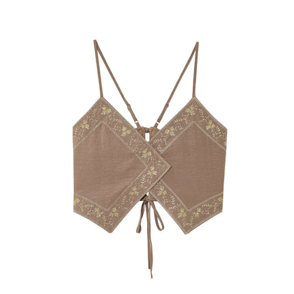HH Women's Summer Sexy Sling Tops Light Brown V-Neck Sleeveless Embroidery Lace-Up Decoration Fashion Short Tops