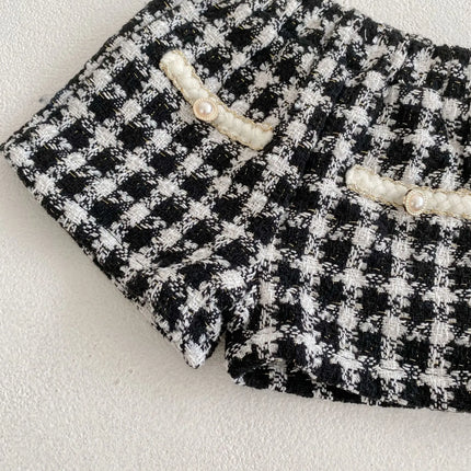 Spring and Autumn two-piece new baby girl black checkered long sleeved shirt with open top jacket and shorts