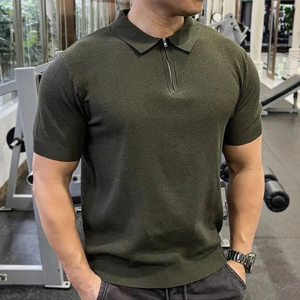 Business Casual Summer New Style Short Sleeve Polo Shirt Men's Knitted Slim Fit Collared Top Trendy Ins Style AE Stock