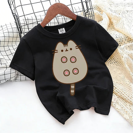 Cute Pusheens Children's Cotton T-shirt Short Sleeve Clothes Anime Popular Cartoon Kids Girl Tees Streetwear Toddler Casual Tops