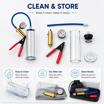 Male Vacuum Pump Sex Toy with Clear Measuring Cylinder Blue Hose Red Handle Gauge and Man Masturbation Training Device