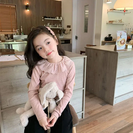 1-12 Years Long-Sleeved Shirts Children's Spring Knitted Tops Baby's Lace 2025 Lace Base Shirt Korean Girls Ruffle Collar T-shirt
