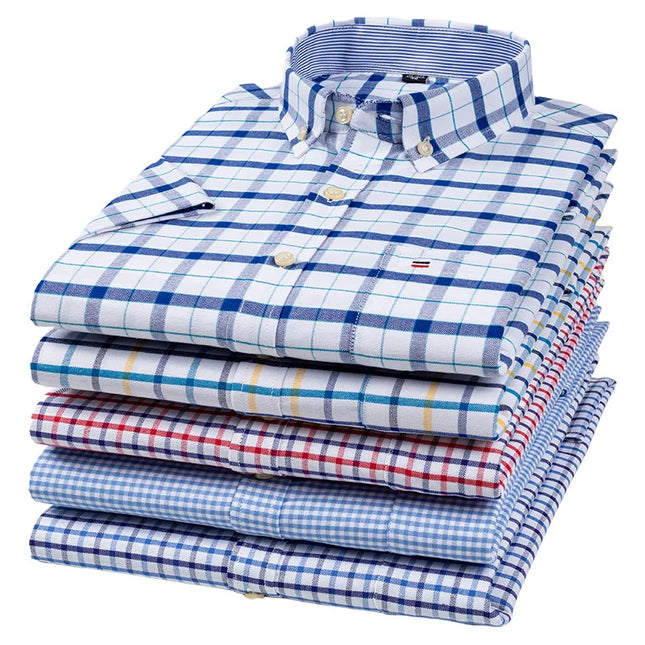 New 100% Cotton Oxford Men's Shirts Short Sleeve Plaid Soft Regular Fit Formal Dress Shirt Social Blouse Male Clothes 6XL 7XL