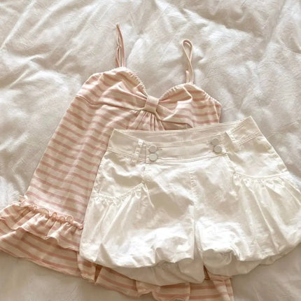 Sweet Stripe Strap Vest Early Taste Girl Feeling Lace Knot Hemline Upper Apparel Japanese Style Women's Loose Fit Top