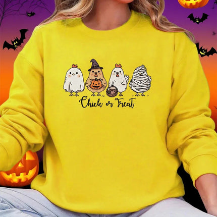 Four Different Shaped Chicks Prints Halloween Sweatshirt Women Winter Fleece Hoodie Crewneck Loose Pullover Casual Soft Clothes