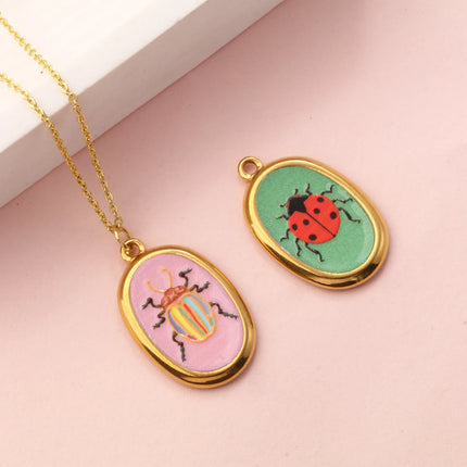 2 Pcs 304 Stainless Steel Insect Charms 18K Gold Plated Oval Printed Ladybug Beetle Pendants For DIY Necklace 28mm X 17.5mm