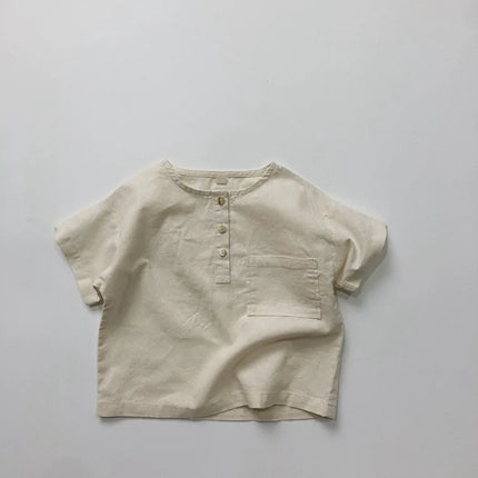 Retro Breathable Polo Shirt Korean Style Children's Summer Cotton and Linen Round Neck T-shirt Boys Girls Simple and Loose Top
