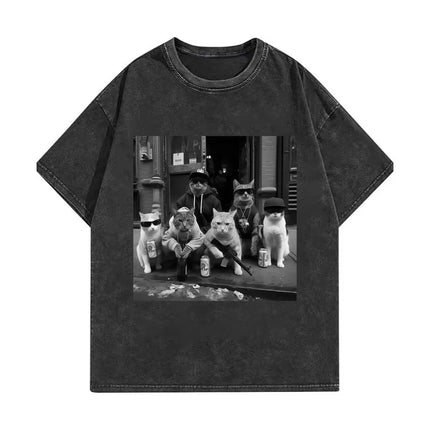 Funny Cat Gang Meme Graphic T Shirts Men's Women's Fashion Vintage Washed T-shirt Summer High Quality Cotton T-shirts
