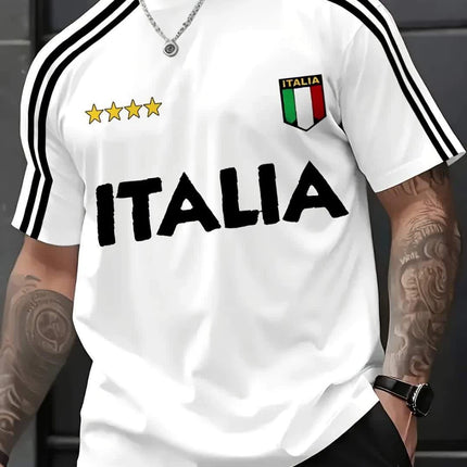 Men's Crew Neck T-shirt With "ITALIA" Print Soft And Breathable Suitable For Outdoor Sports Casual Wear And Holiday Celebrations