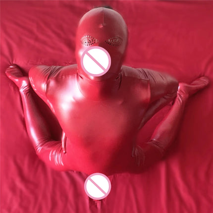 Faux Leather Bodysuit With Full Body Wrap Cosplay Full-Body Jumpsuit Hip Zip Unitard Zentai Catsuit Penis Sheath Close Ctsuit