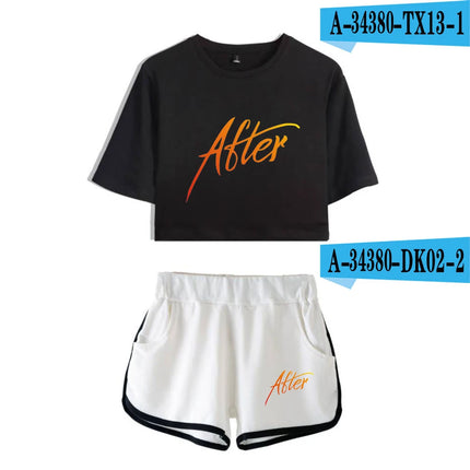 Youthful Black White After We Collided Girl Dew navel Two Piece Set Sexy Short Sleeve Crop T-shirts+Shorts Pants Tracksuit