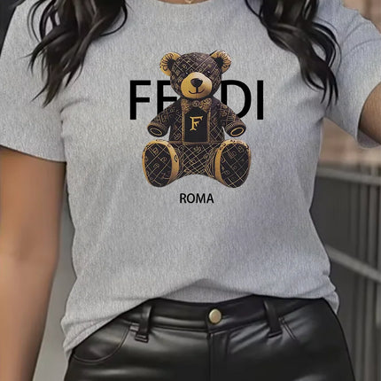 summer Graphic T-Shirt Short Sleeve Crew Neck with Soft Comfortable Spring Women's Light Blue Casual Teddy Bear