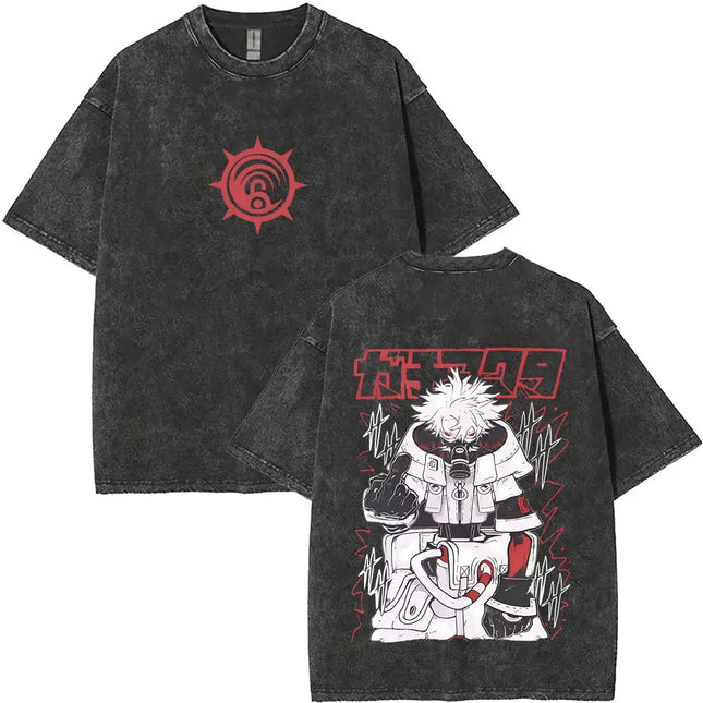 Washed Vintage Anime Gachiakuta Rudo Enjin Zanka Riyo Face Graphic T-shirt Men Women Casual Cartoon Manga Short Sleeve T-shirts