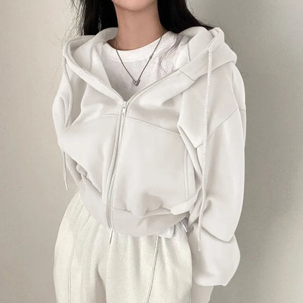 2025 Autumn Winter New Fashionable Short Women's Hoodie Thickened Fleece Warm Solid Color Zipper Casual Comfortable Sweatshirt