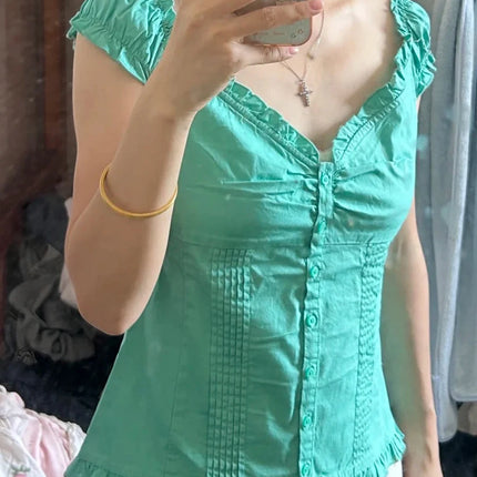 Blue Striped Folds Blouse Top Women New Casual Single Breasted Ruffle Sleeveless Tank Tops Vest Sweet Preppy Style Camisole Y2K