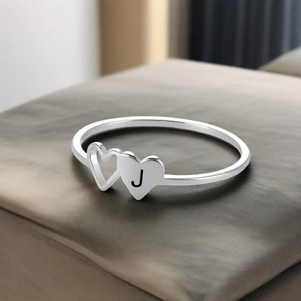 COOLTIME Initial Letter Ring for Women Stainless Steel A-Z Alphabet Double Heart Rings Fashion Wedding Anniversary Birthday Gift