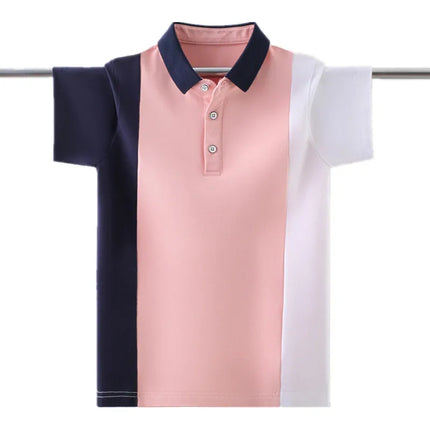 Teenage Boys' Cotton Uniform Polo Shirt, England Style Fashion Stripe Design, Kids' Short Sleeve Tops for Children Aged 5-15 Years