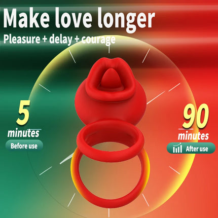 Vibrating Cock Ring Clitoral Stimulator with Tongue Licking 4-in-1 Penis Ring Vibrator 9 Modes Couples Sex Toy for Men and Women