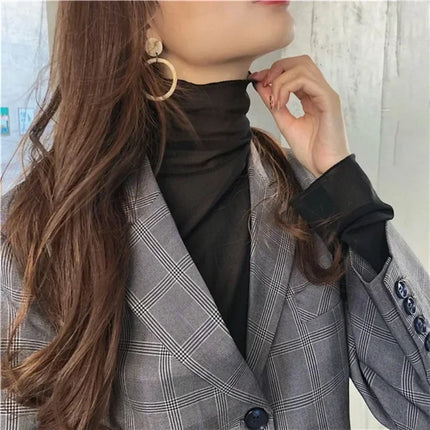 High Neck Sheer Mesh Top Women Clothing Long Sleeve Turtleneck T-shirt Korean Sexy See Through Black White Beige Shirt New