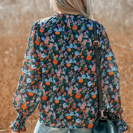 Plus Size Women's Shirt, Flower Print V-Neck, Long Sleeves with Ruffles, Casual Resort Style, Suitable for All Seasons