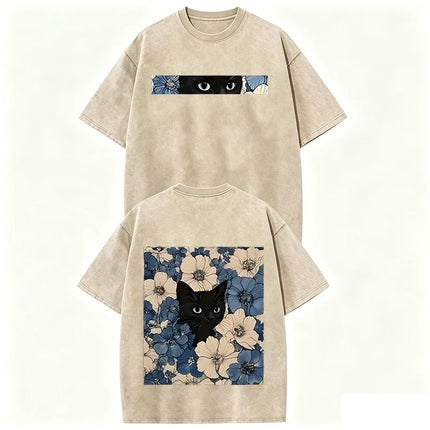 Vintage Washed Black Cat Floral T Shirt Double Sided Print Streetwear Casual Tee